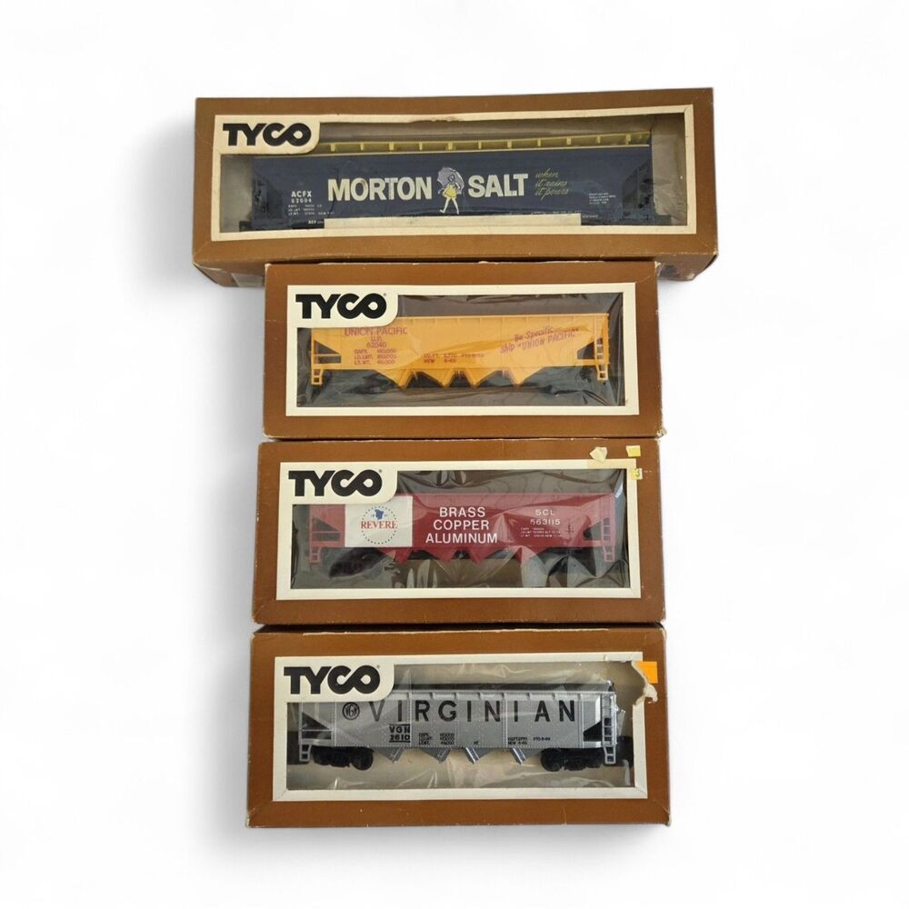TYCO HO Scale Hopper Car Lot of 4, Morton Salt, Union Pacific, Revere, Virginian
